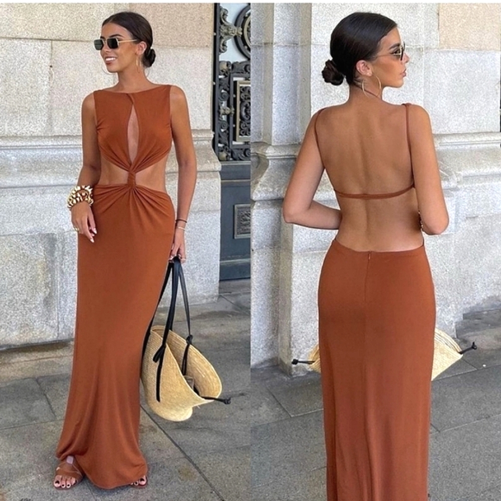 Zara Rust Brown Cutout Maxi Dress